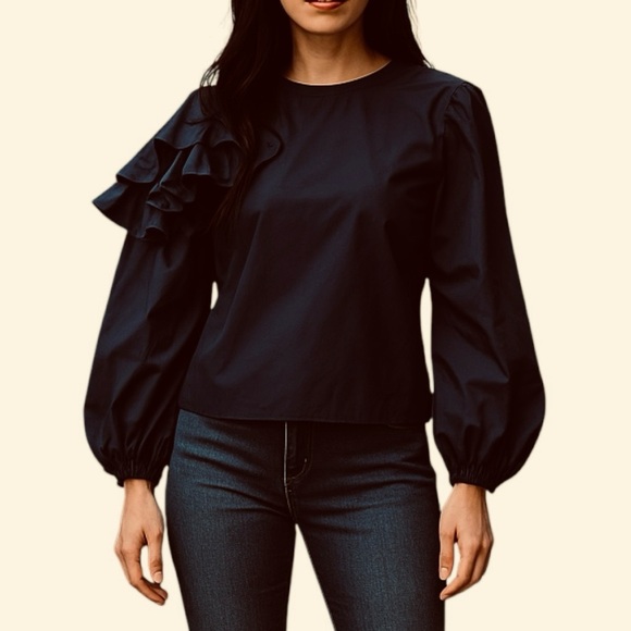 Revolve X The Femm | Balloon Sleeve Asymmetrical Ruffle Long Sleeve Top XS - Picture 2 of 10